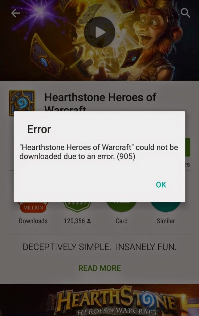 Shows 905 error in play store